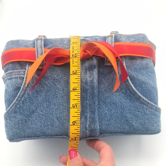 Original Denim Jean BOOTIE BAG Handbag w/Beaded Handles & Ribbons #075397 - Picture 9 of 10